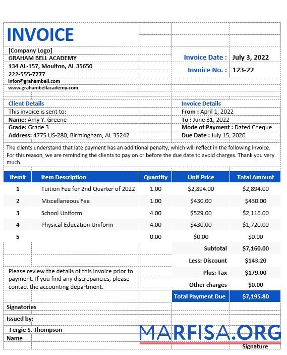 Printable Free Sample School Invoice Template